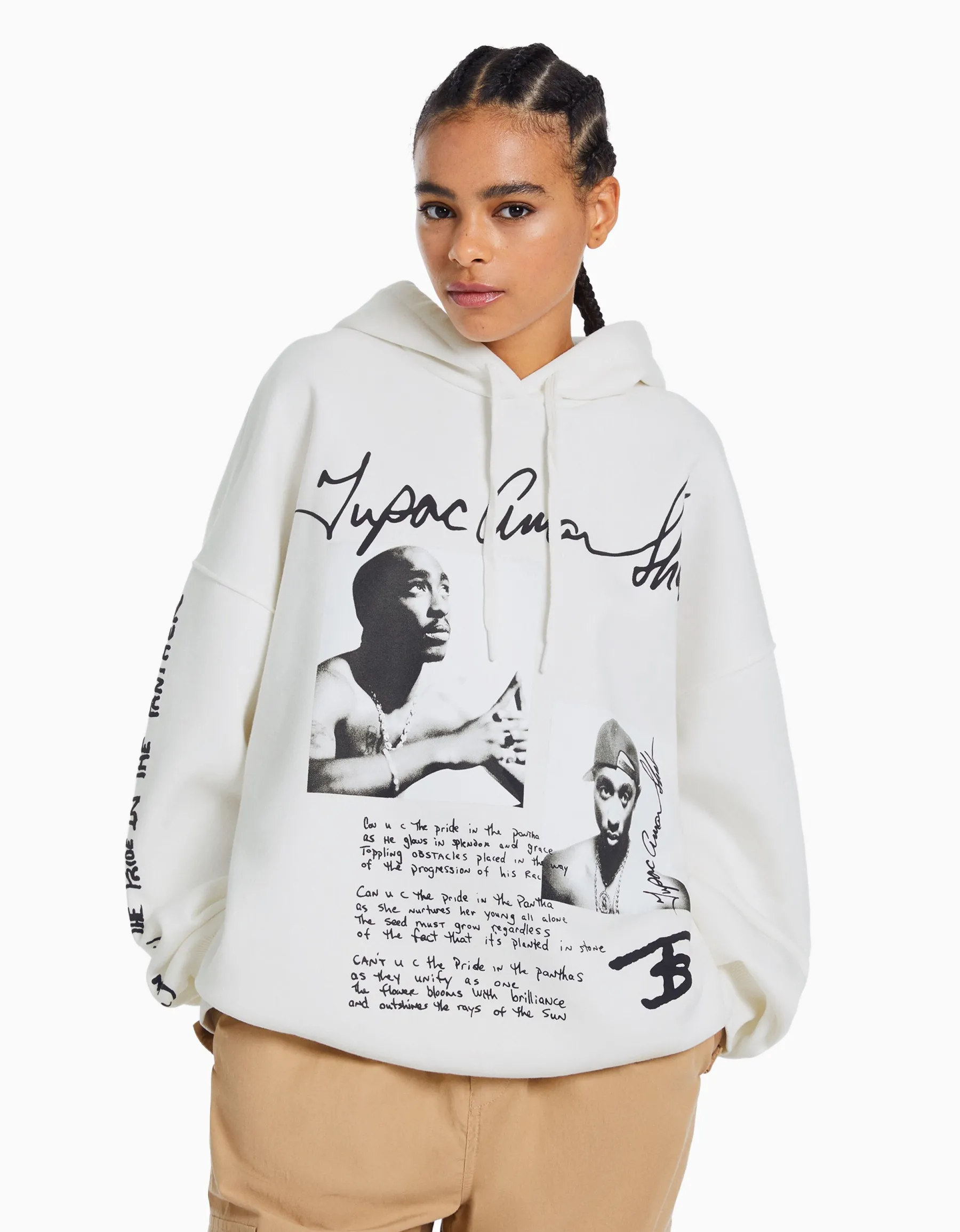 BERSHKA Sweat capuche Tupac Blanc cassé Hot