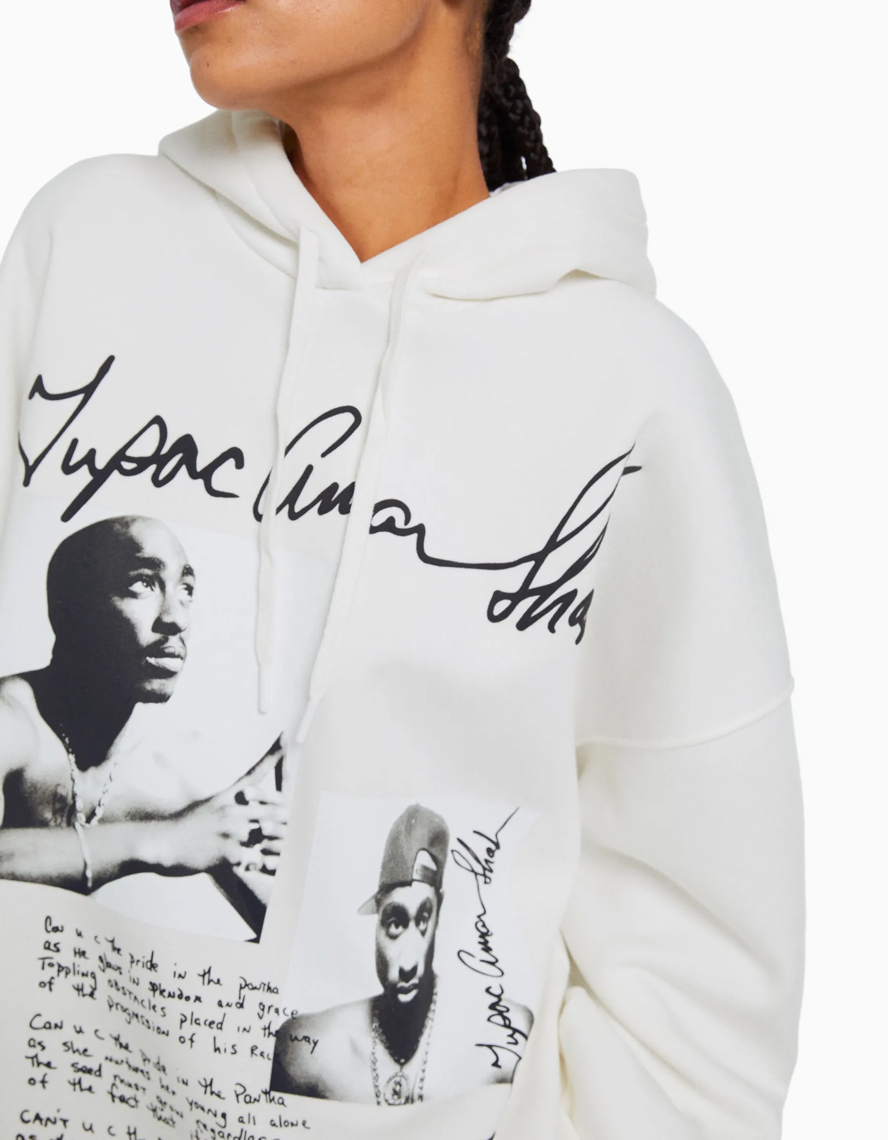 BERSHKA Sweat capuche Tupac Blanc cassé Hot