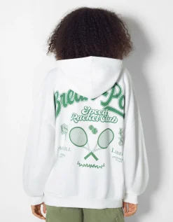BERSHKA Sweat capuche zippé imprimé varsity Marine Flash Sale