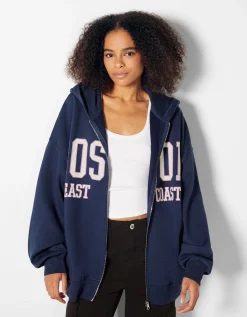 BERSHKA Sweat capuche zippé imprimé varsity Marine Best Sale