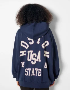 BERSHKA Sweat capuche zippé imprimé varsity Marine Best Sale