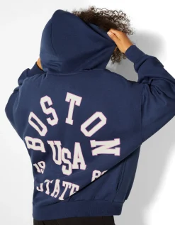 BERSHKA Sweat capuche zippé imprimé varsity Marine Best Sale