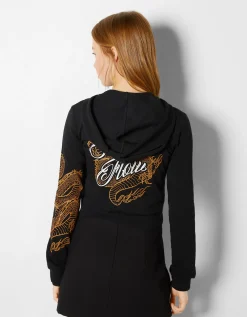 BERSHKA Sweat capuche zippé imprimé dragon Noir Cheap