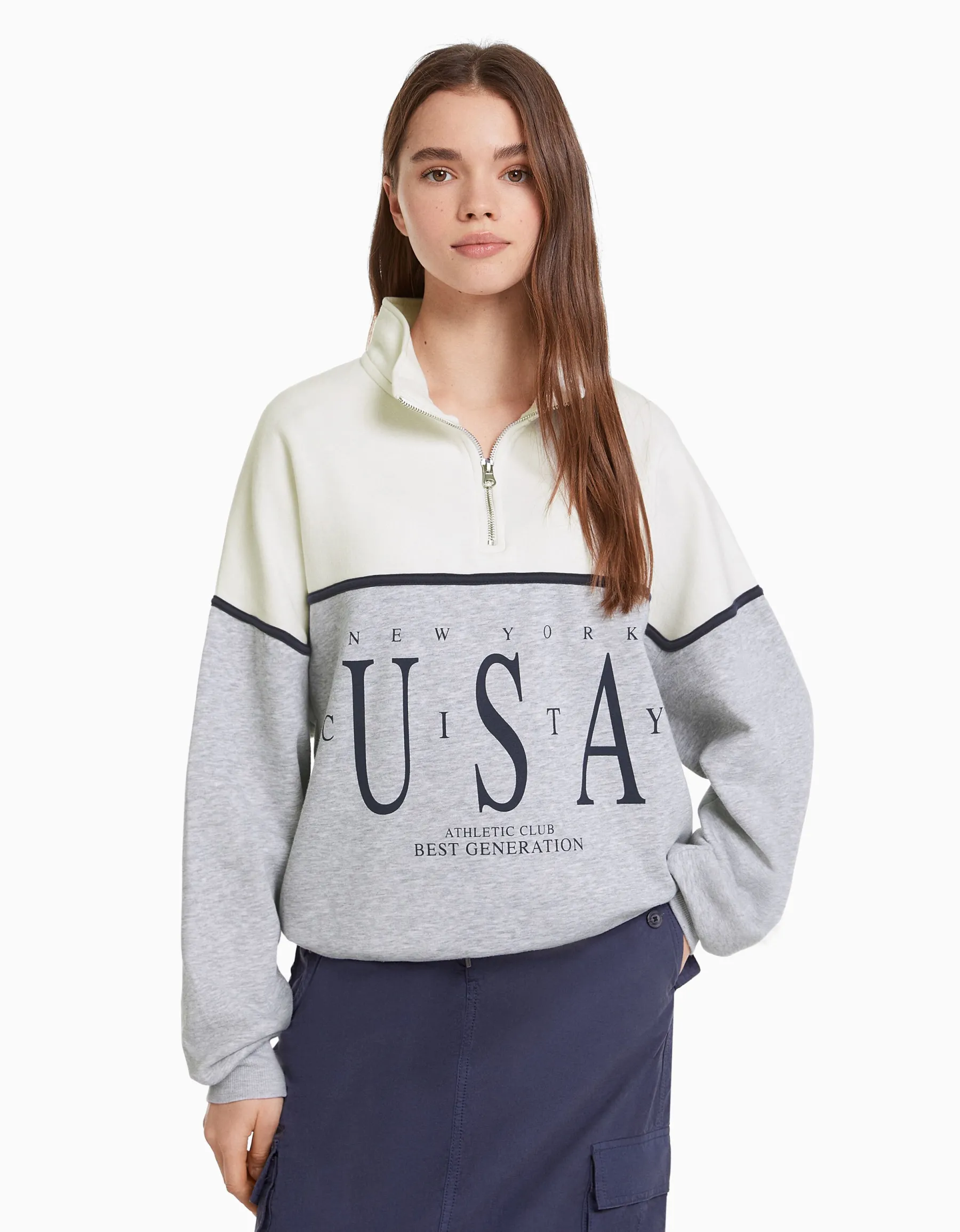 BERSHKA Sweat col montant imprimé Gris Sale