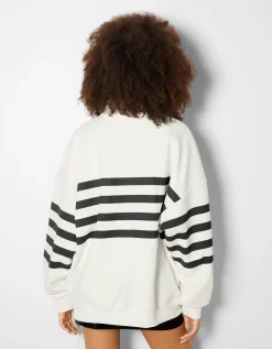 BERSHKA Sweat col montant zippé imprimé Bleu foncé Clearance