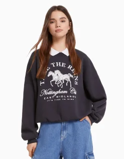 BERSHKA Sweat col polo imprimé Gris Clearance