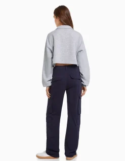BERSHKA Sweat col polo imprimé Marine Sale
