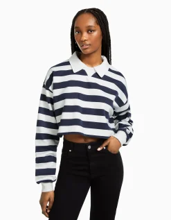 BERSHKA Sweat col polo imprimé Marine Cheap