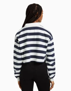 BERSHKA Sweat col polo imprimé Marine Cheap