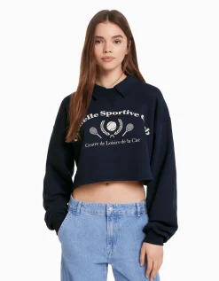 BERSHKA Sweat col polo imprimé Marine Best