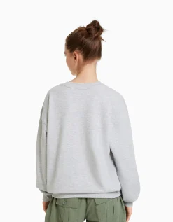 BERSHKA Sweat col rond Gris Cheap
