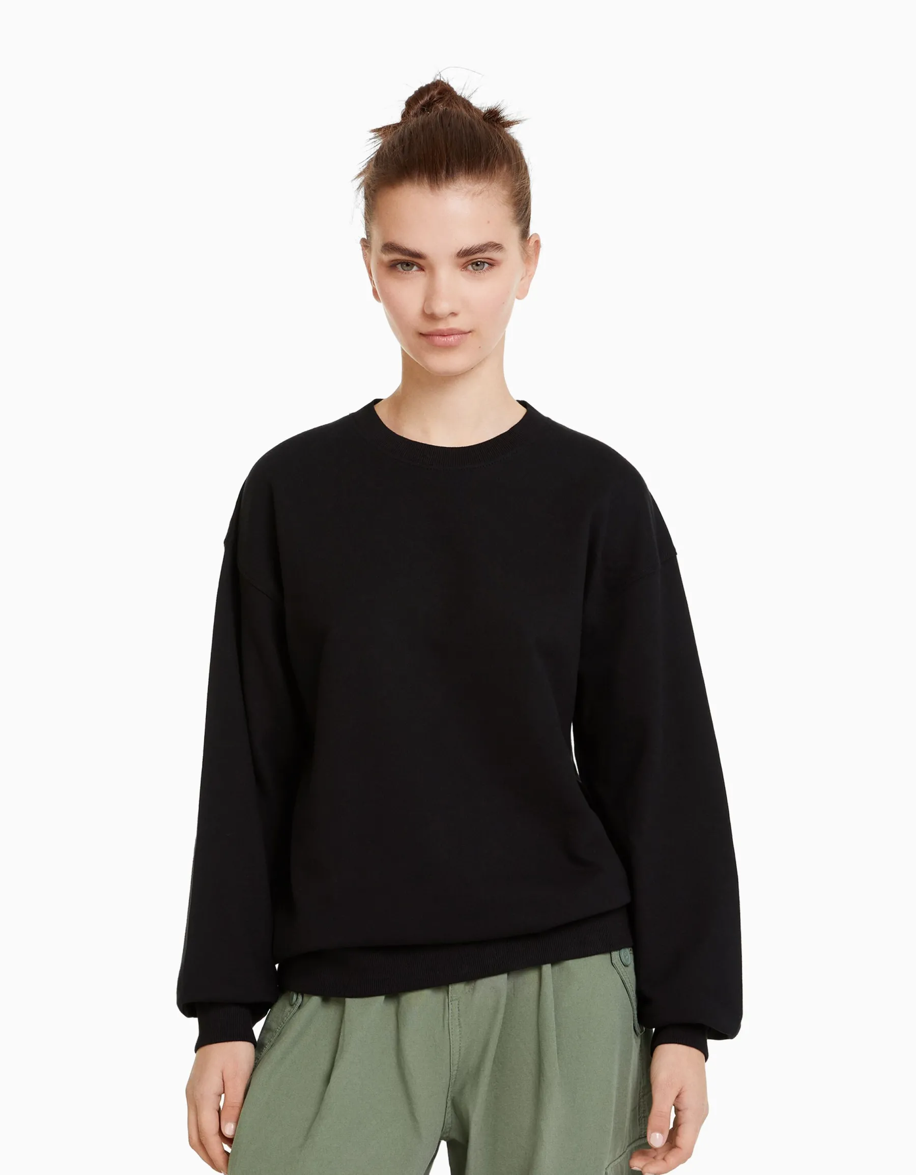 BERSHKA Sweat col rond Noir Cheap