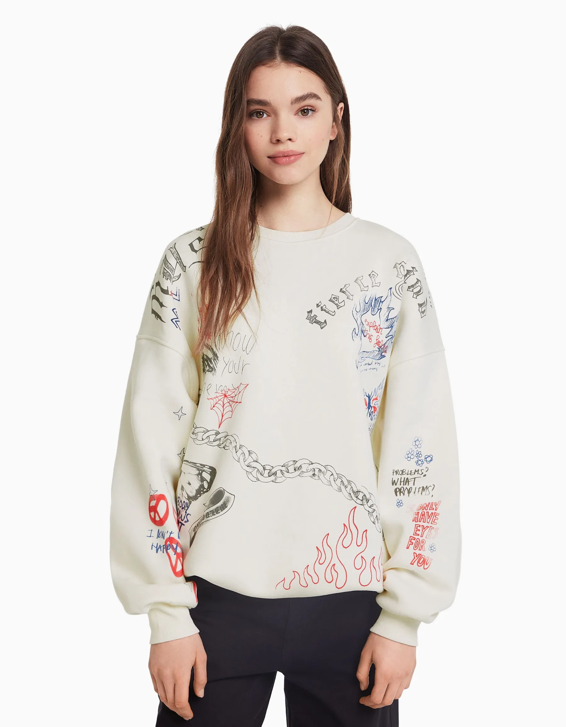BERSHKA Sweat col rond imprimé Écru Sale