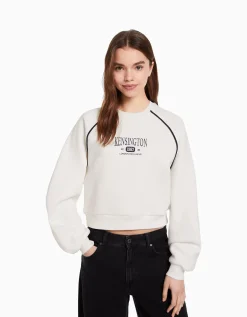 BERSHKA Sweat col rond imprimé contraste Bleu Flash Sale