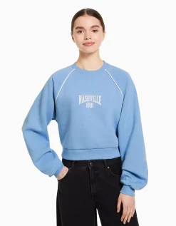 BERSHKA Sweat col rond imprimé contraste Bleu Hot