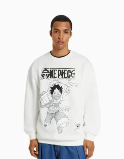 BERSHKA Sweat col rond imprimé One Piece Blanc Online