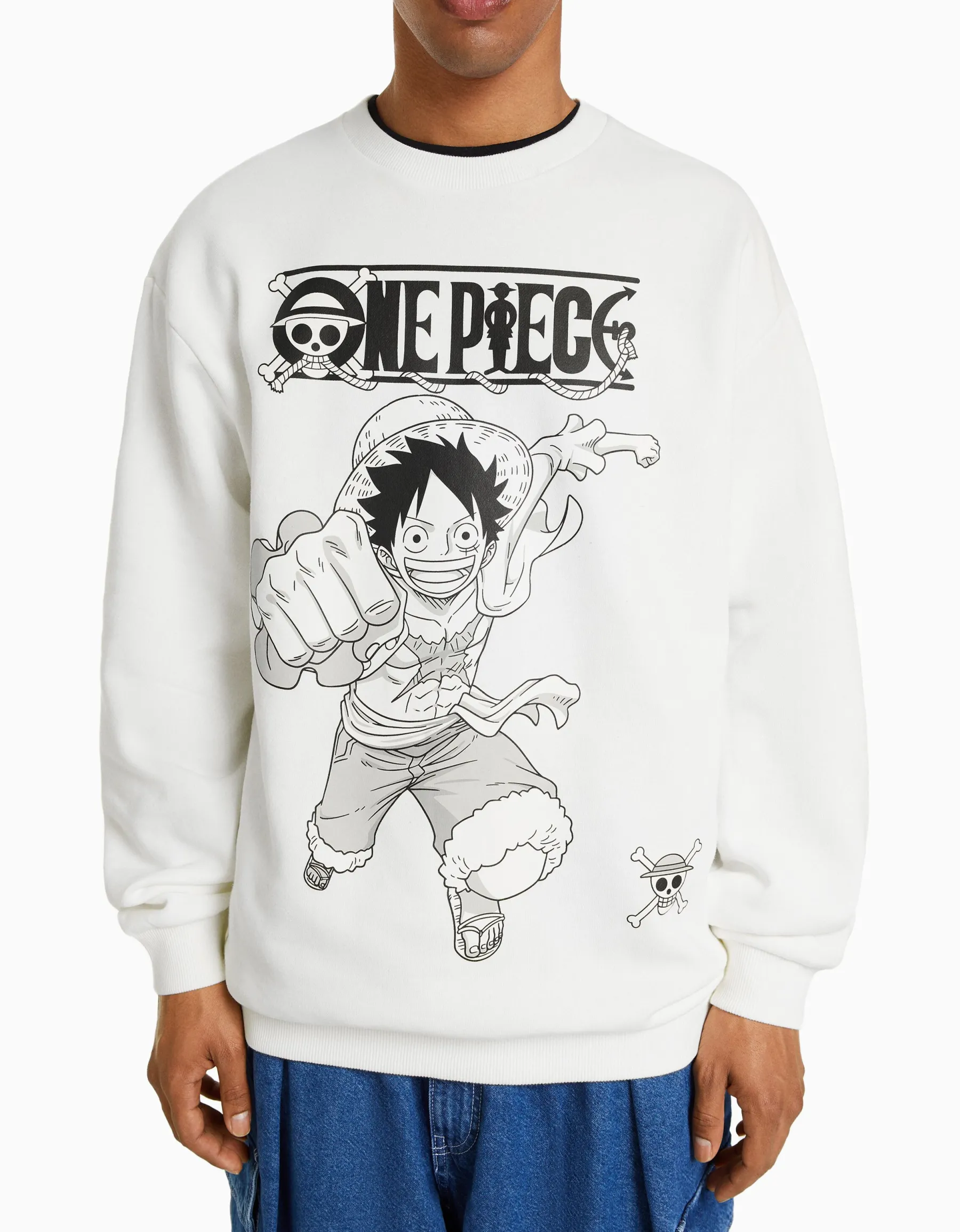 BERSHKA Sweat col rond imprimé One Piece Blanc Online