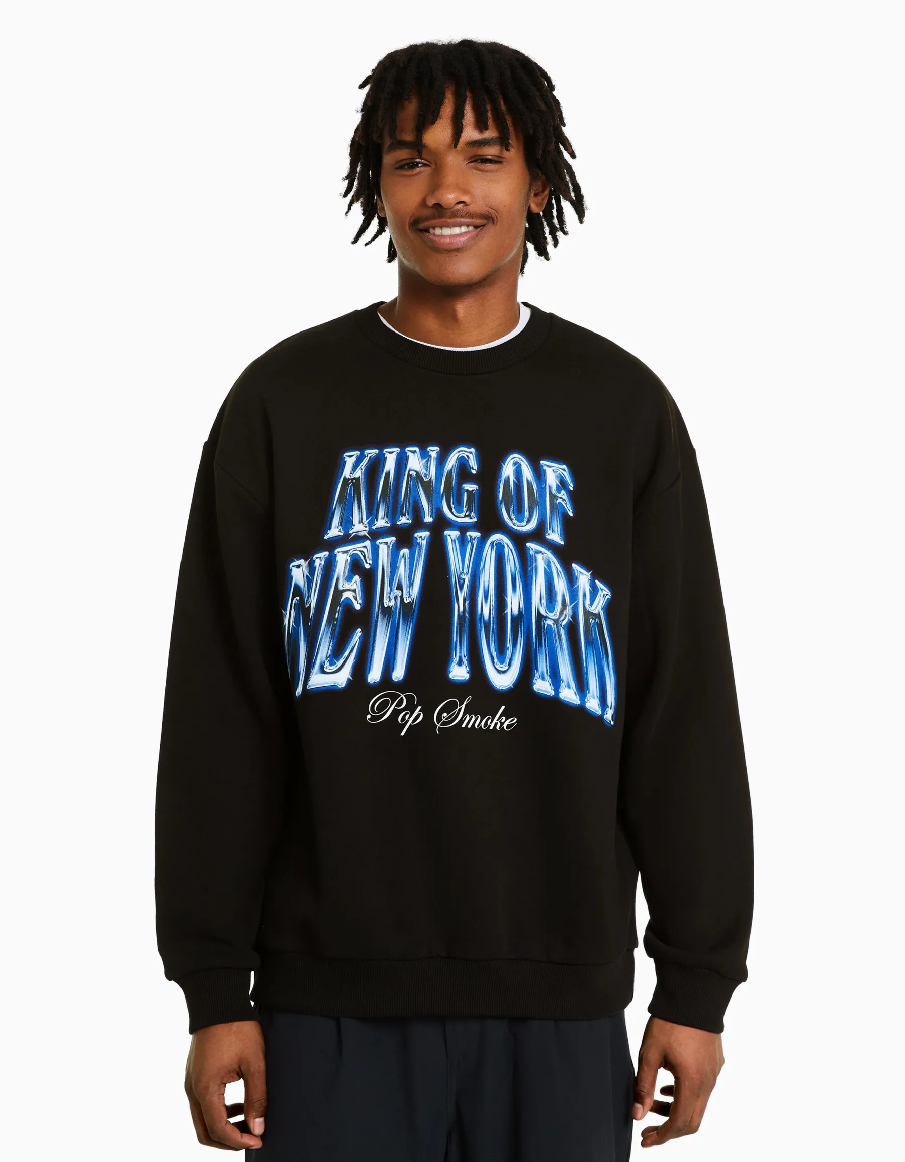 BERSHKA Sweat col rond Pop Smoke Noir Outlet