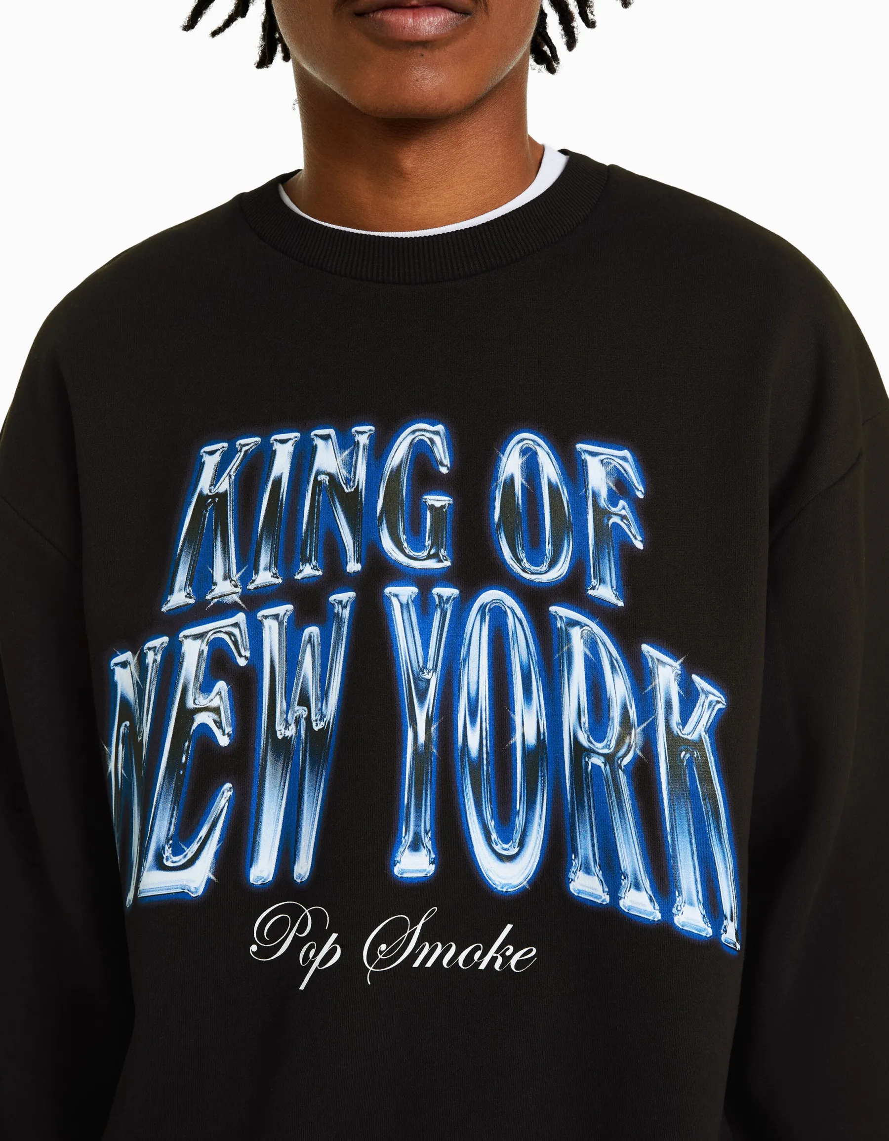 BERSHKA Sweat col rond Pop Smoke Noir Outlet