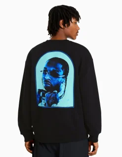 BERSHKA Sweat col rond Pop Smoke Noir Sale