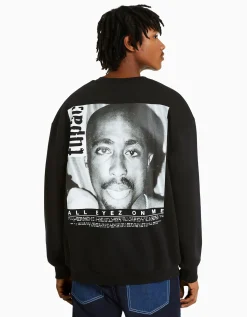 BERSHKA Sweat col rond Tupac Noir Cheap