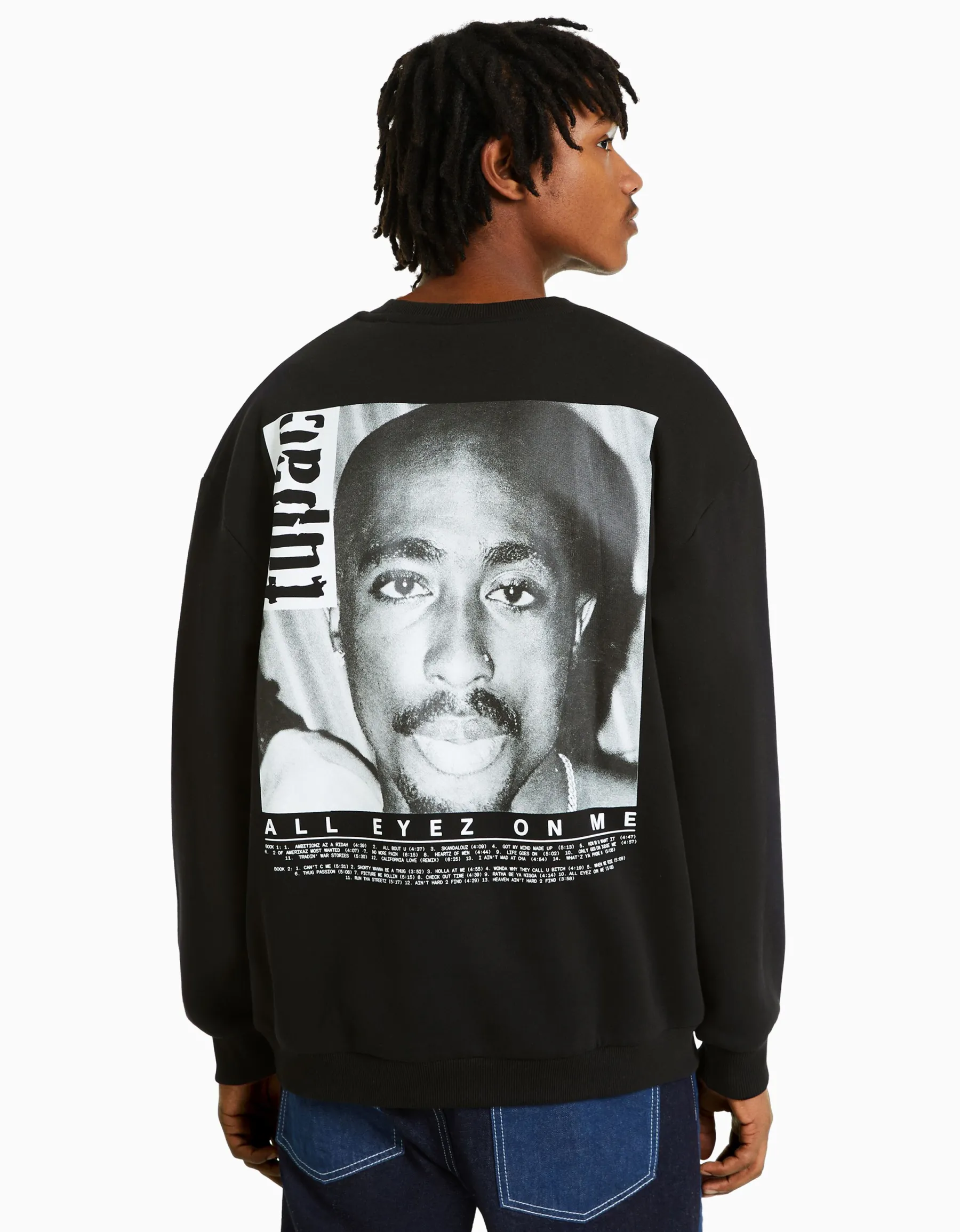 BERSHKA Sweat col rond Tupac Noir Cheap