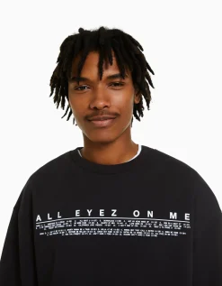 BERSHKA Sweat col rond Tupac Noir Cheap