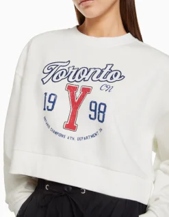 BERSHKA Sweat cropped à imprimé Blanc cassé Hot
