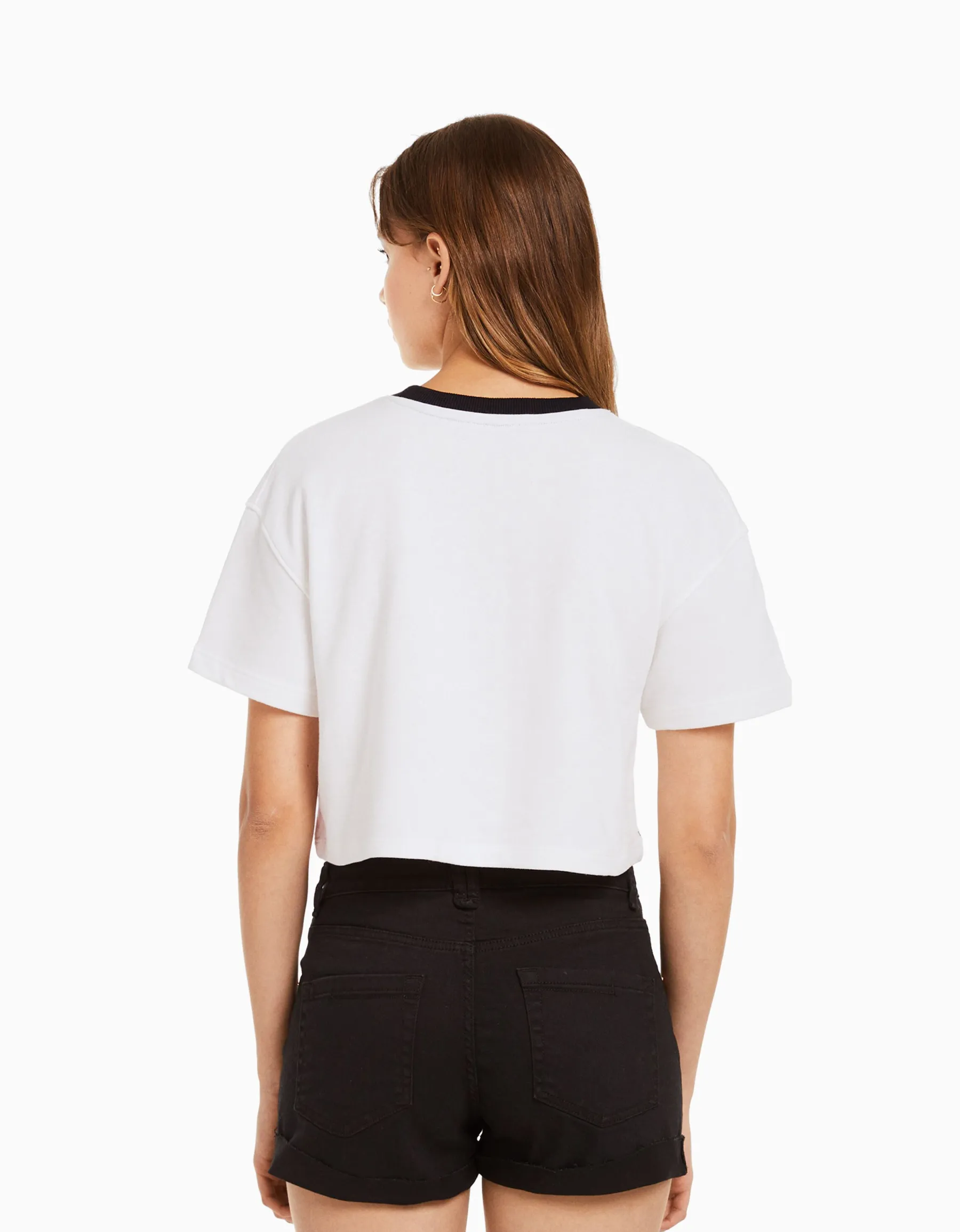 BERSHKA Sweat cropped imprimé manches courtes Gris Discount