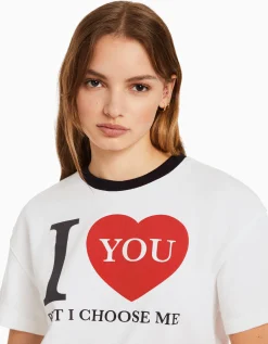 BERSHKA Sweat cropped imprimé manches courtes Gris Discount