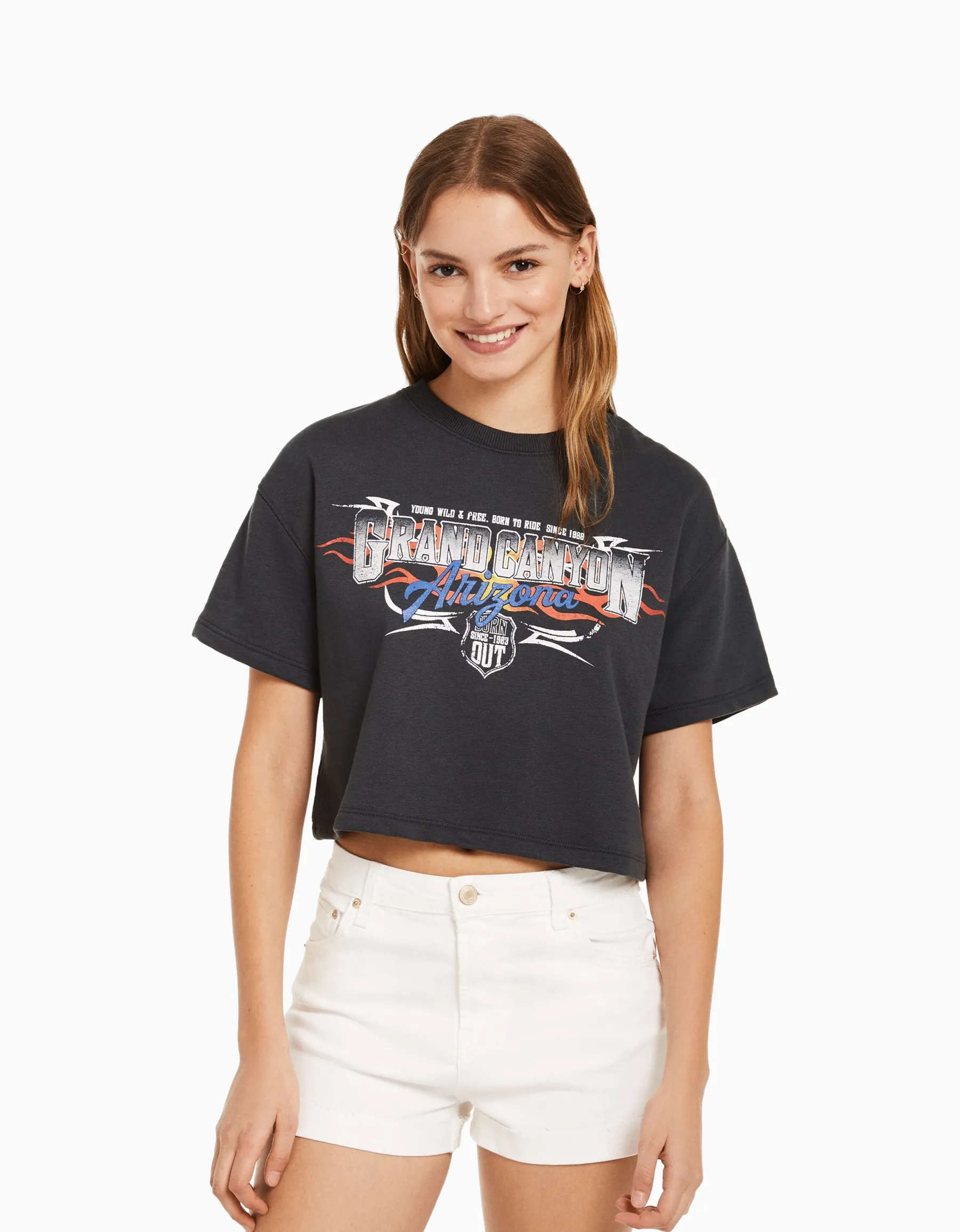 BERSHKA Sweat cropped imprimé manches courtes Gris Flash Sale