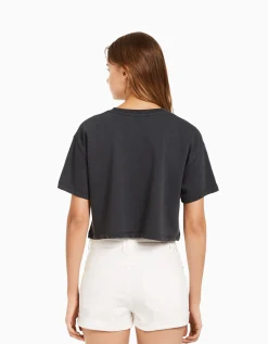 BERSHKA Sweat cropped imprimé manches courtes Gris Flash Sale