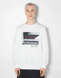 BERSHKA Sweat easy fit imprimé photo Blanc New