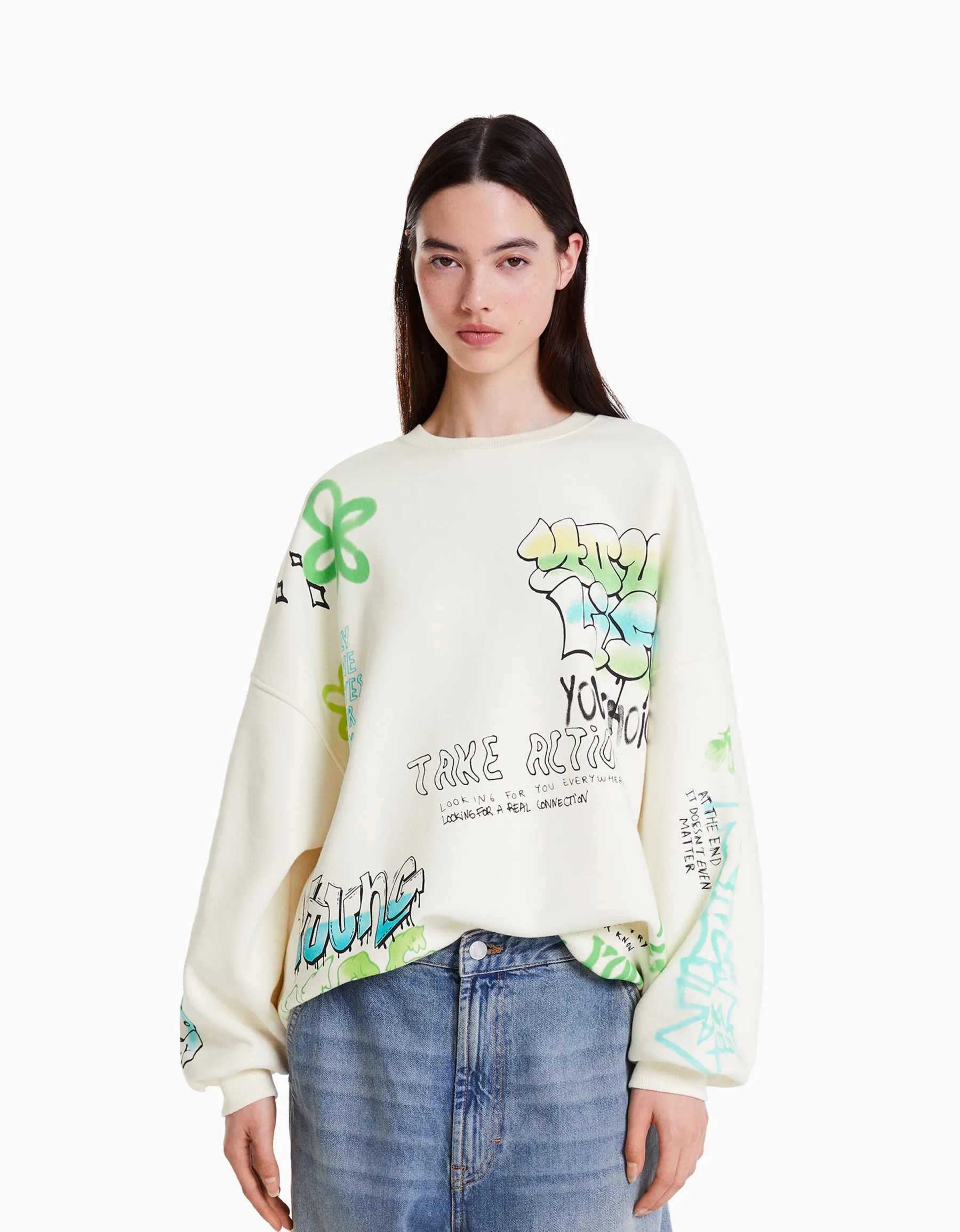 BERSHKA Sweat imprimé Écru Store