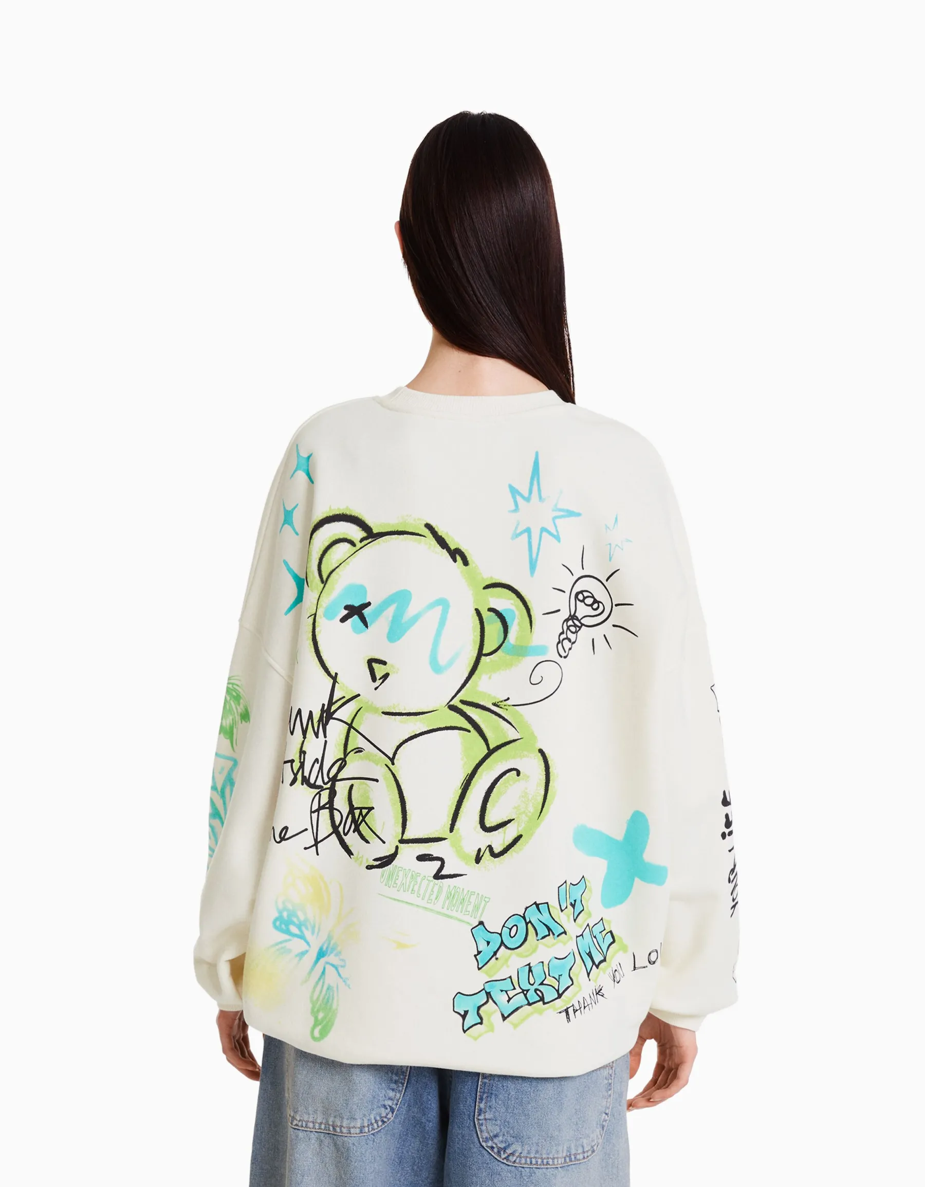 BERSHKA Sweat imprimé Écru Store