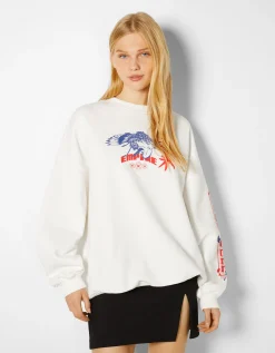 BERSHKA Sweat imprimé Blanc cassé Flash Sale