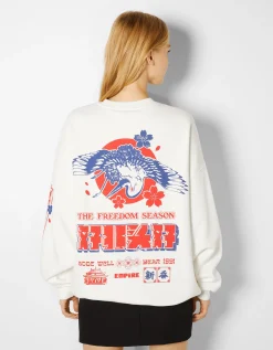 BERSHKA Sweat imprimé Blanc cassé Flash Sale