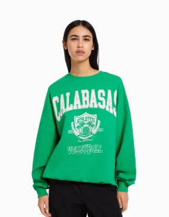 BERSHKA Sweat manches longues imprimé Vert Discount