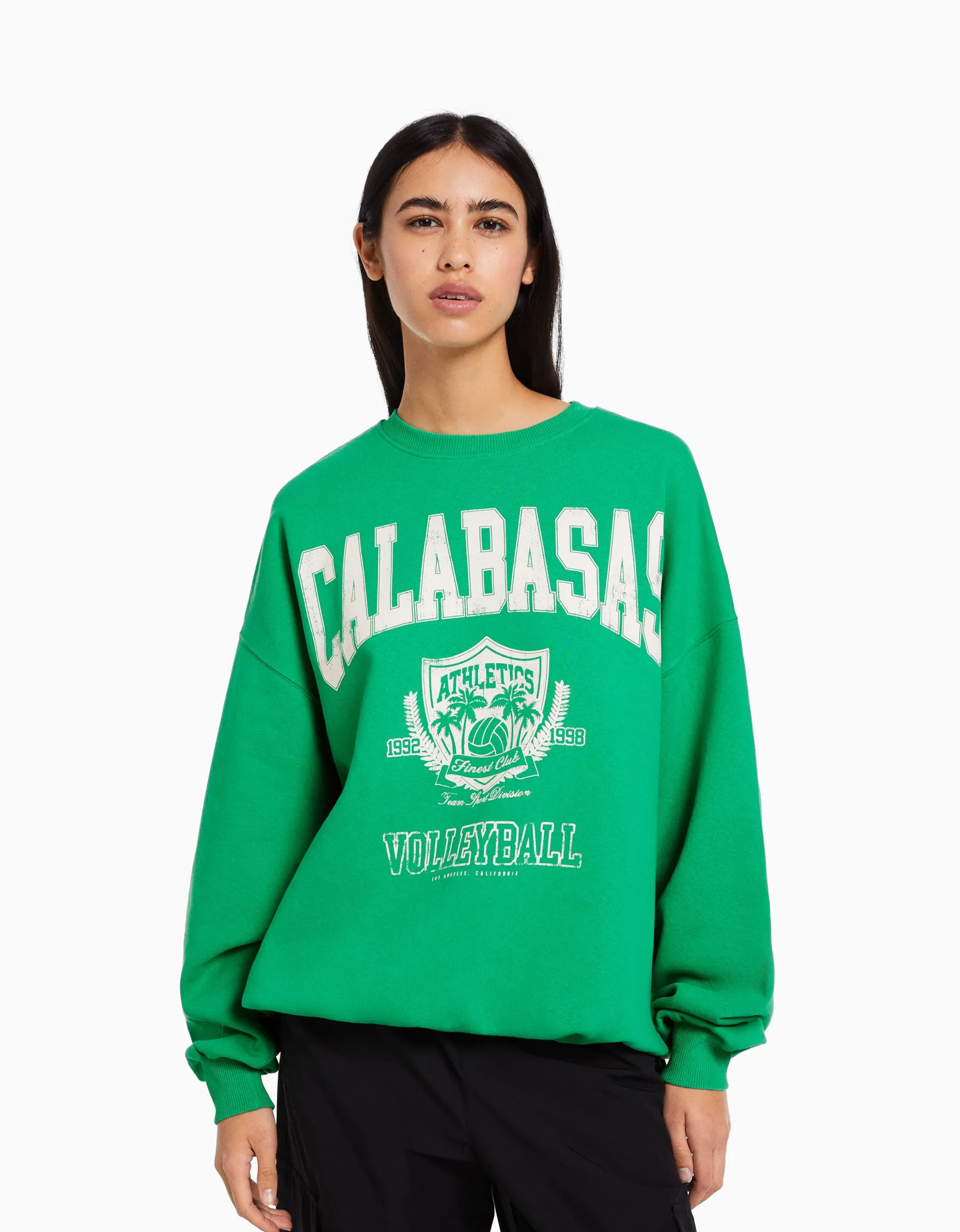 BERSHKA Sweat manches longues imprimé Vert Discount