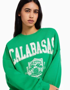 BERSHKA Sweat manches longues imprimé Vert Discount