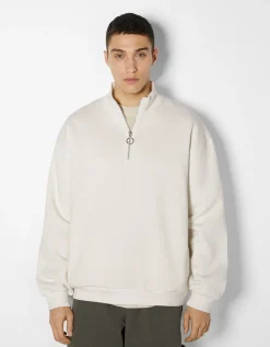 BERSHKA Sweat oversize col montant Blanc cassé Flash Sale
