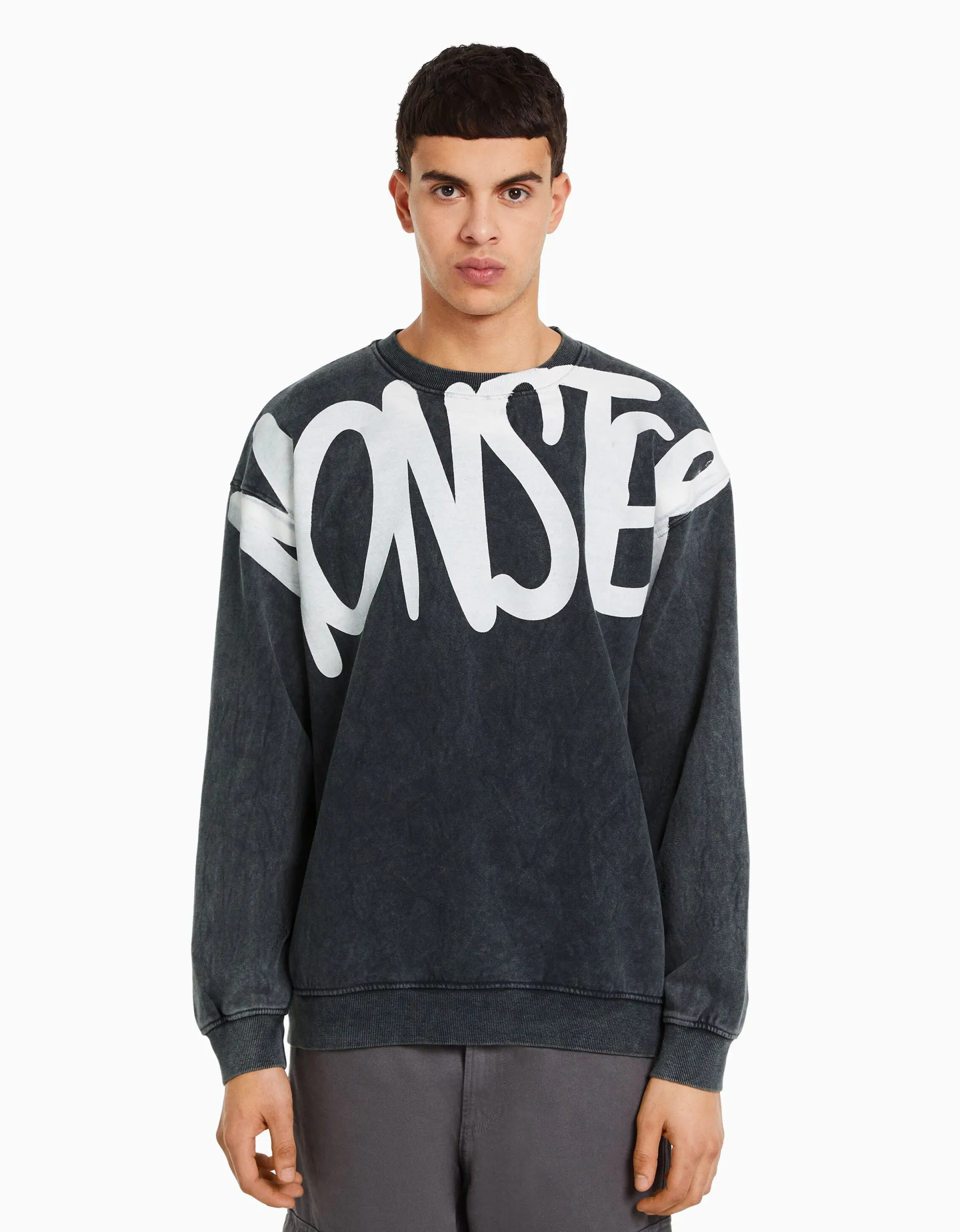 BERSHKA Sweat oversize effet délavé imprimé Argent Cheap
