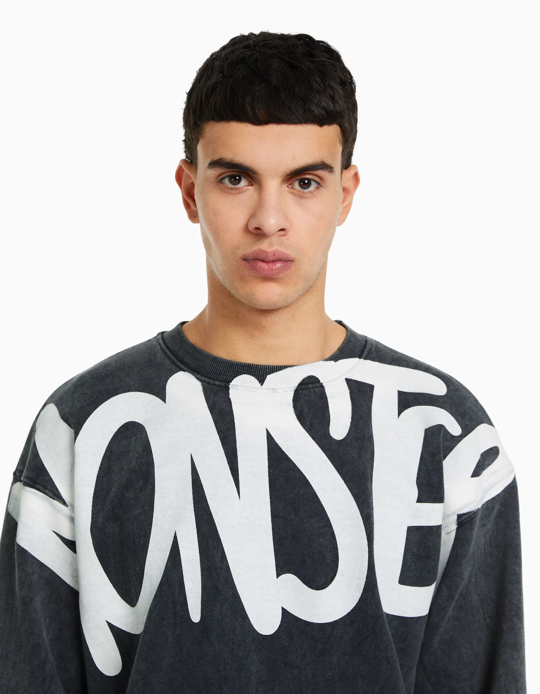 BERSHKA Sweat oversize effet délavé imprimé Argent Cheap
