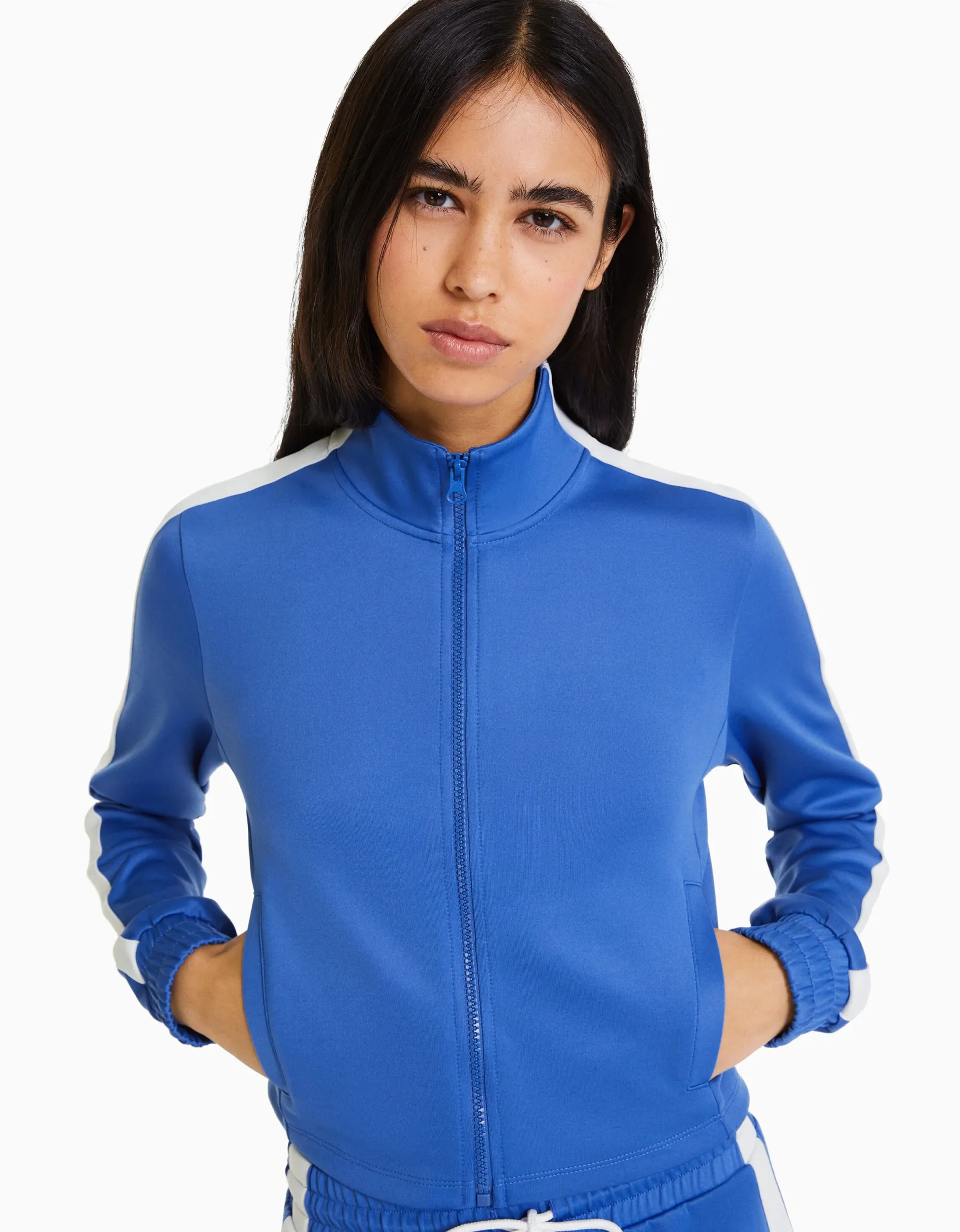 BERSHKA Sweat sport zippé bande latérale Bleu Flash Sale
