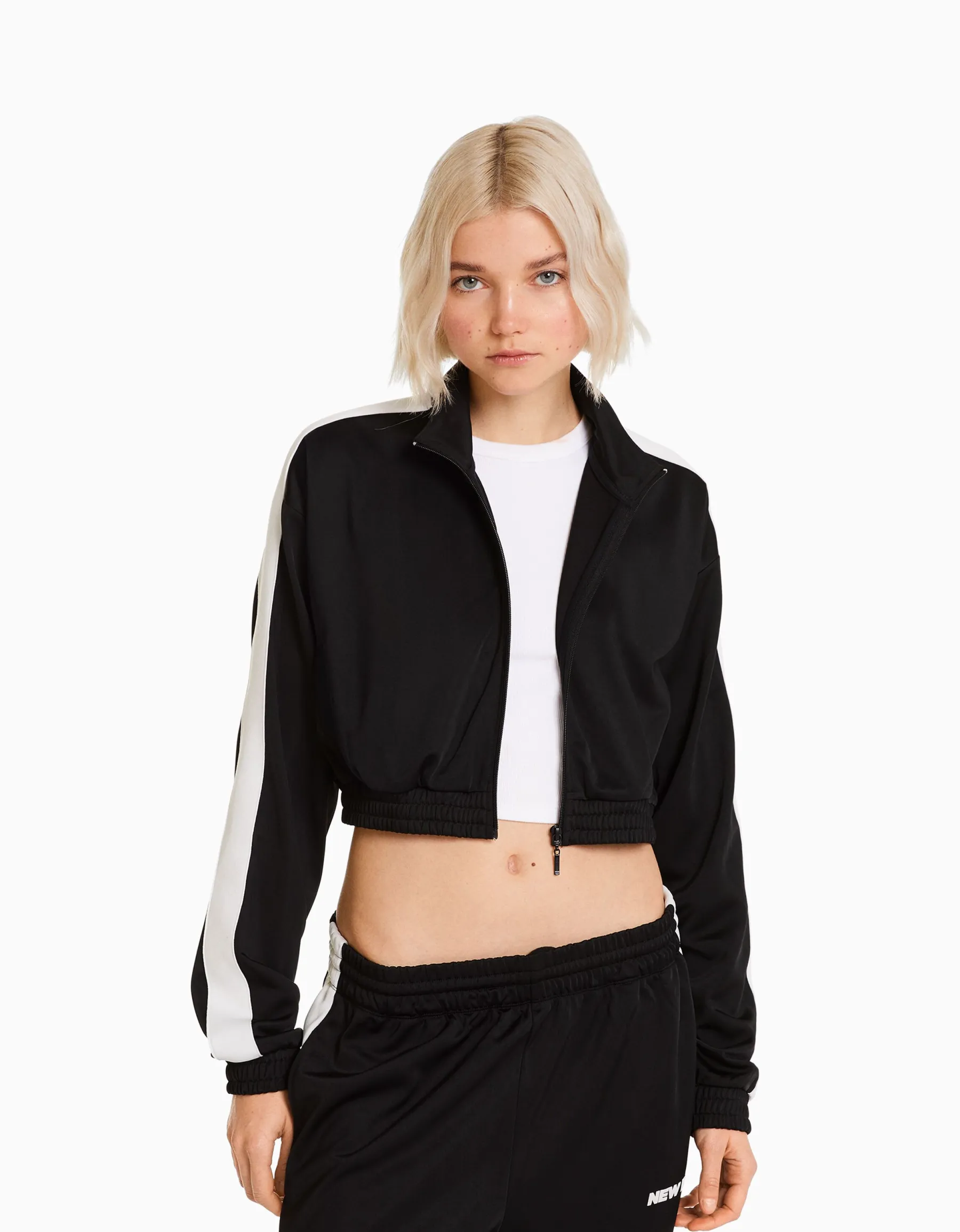 BERSHKA Sweat zippé bande latérale Noir New