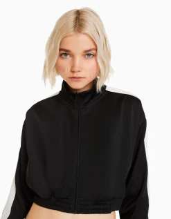 BERSHKA Sweat zippé bande latérale Noir New