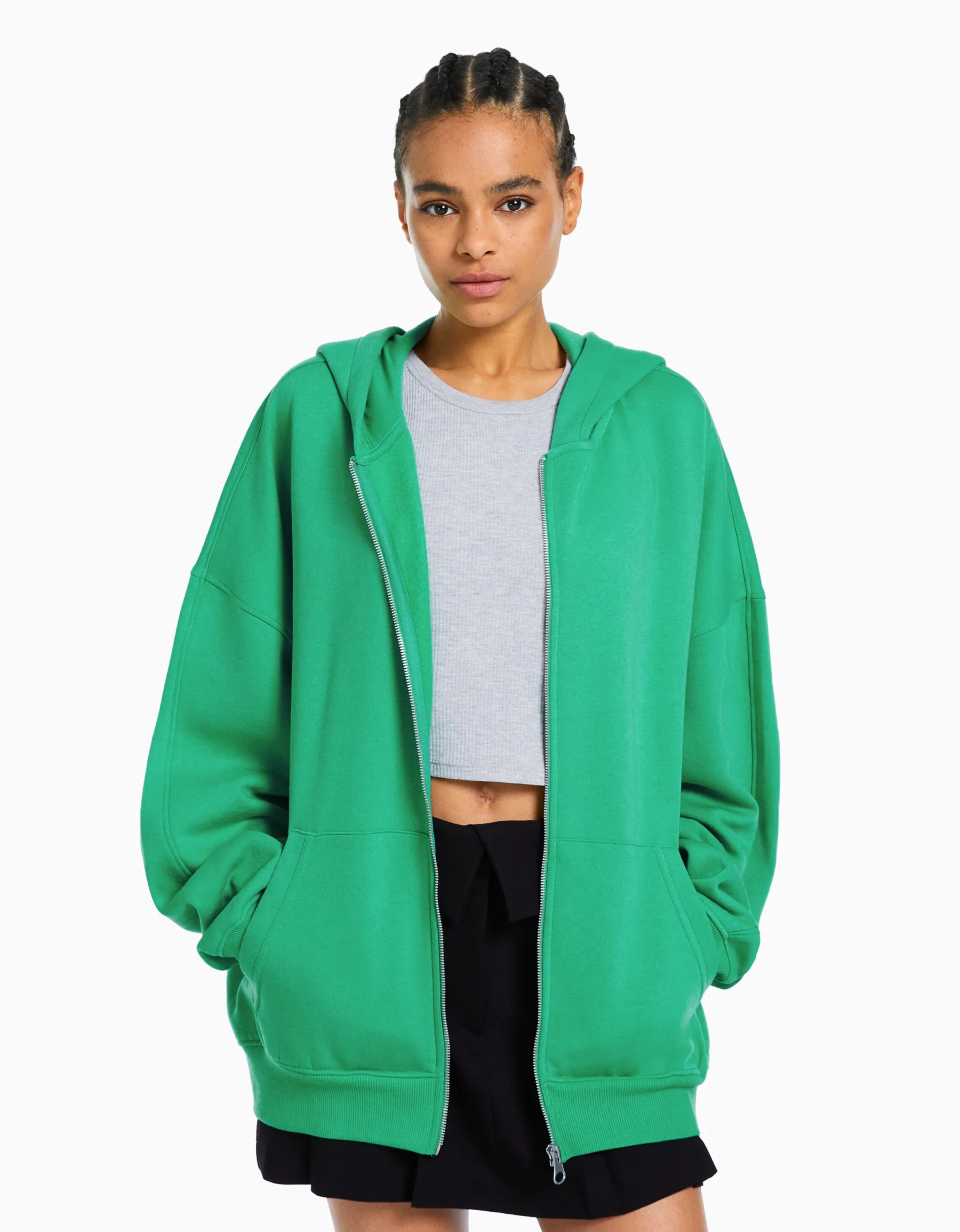 BERSHKA Sweat zippé capuche oversize Vert Online