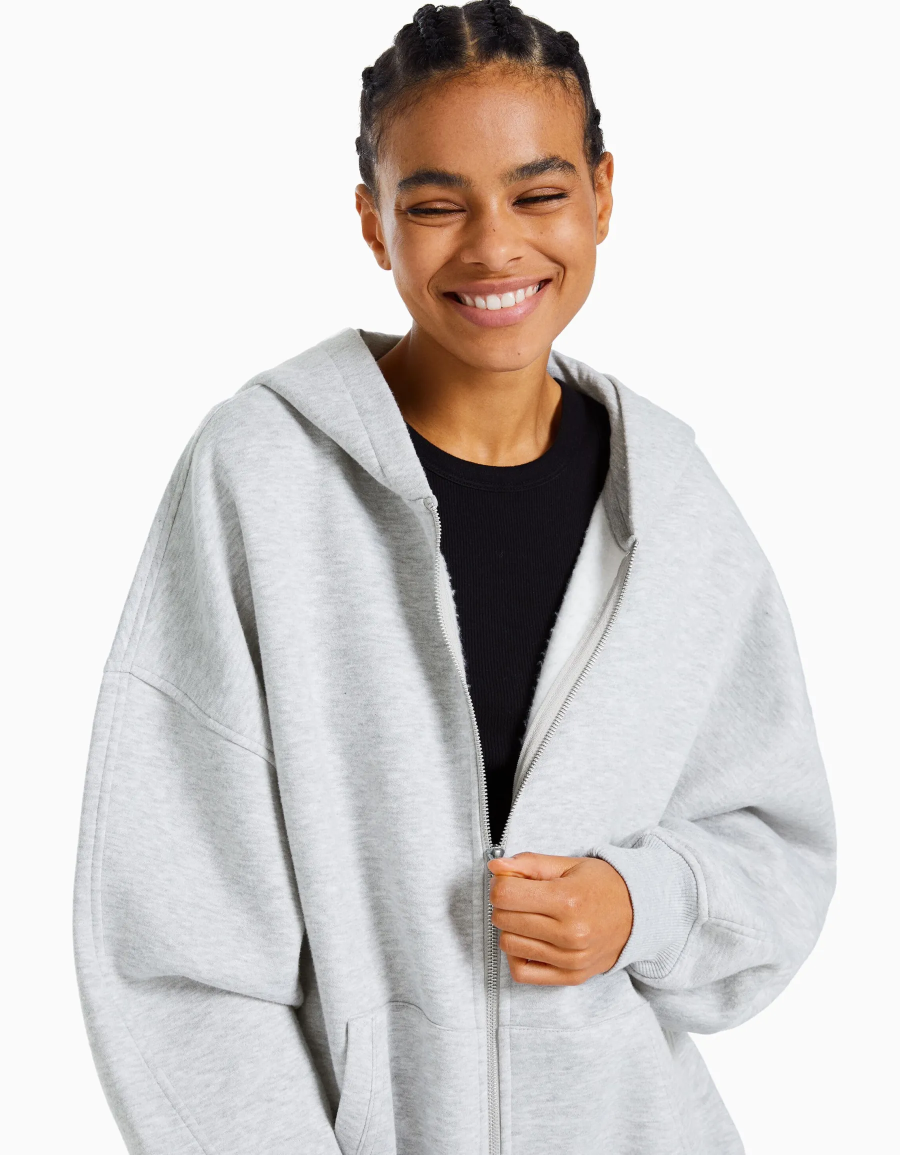 BERSHKA Sweat zippé capuche oversize Gris Clearance