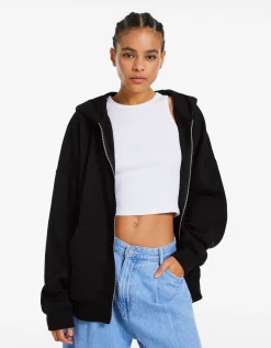 BERSHKA Sweat zippé capuche oversize Noir Online