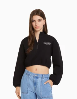 BERSHKA Sweat zippé print Noir Best